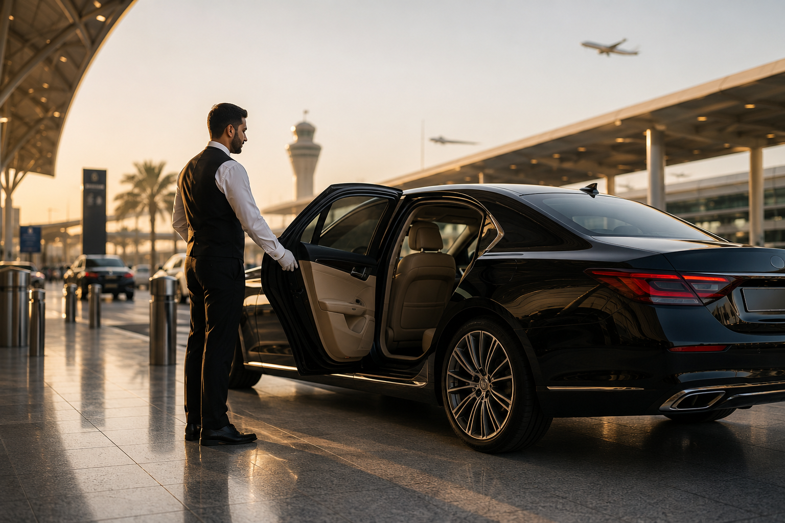 Premium chauffeur service at golden hour — driver assisting passenger
